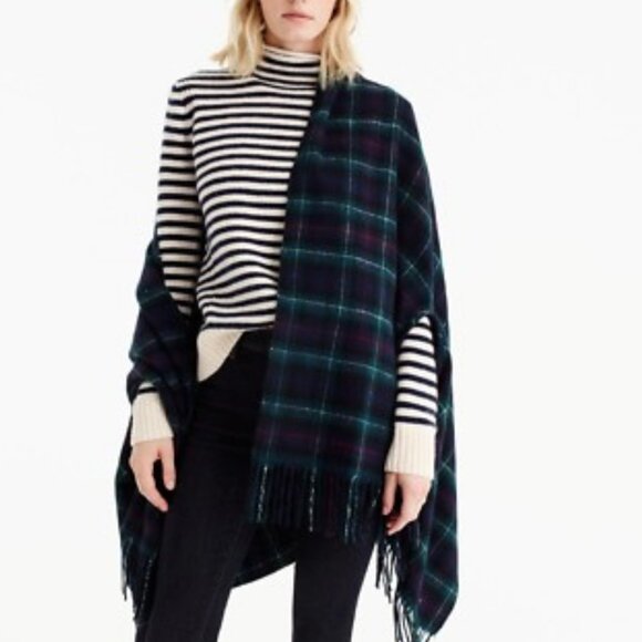 J.Crew plaid cape scarf. Color: Navy, Green, Red. Item # H0130.  80"H x 27.5"W. - Picture 2 of 10
